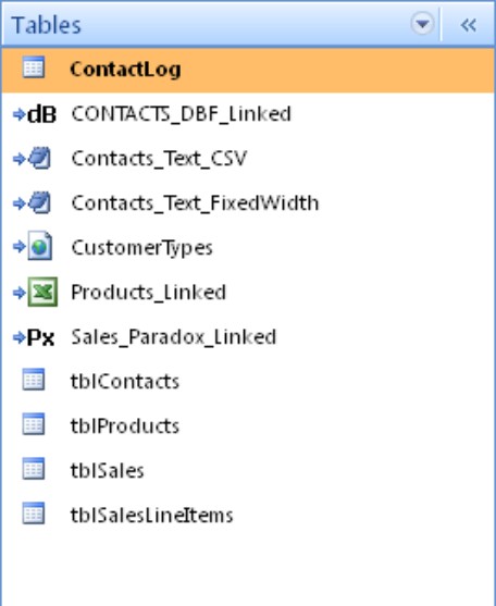 Linked tables in an Access database. Notice that each linked table has an icon indicating its status as a linked table.